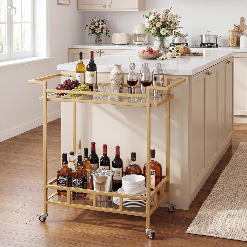 Gold Bar Carts for the Home, Bar Serving Cart with 2 Glass Shelves | Kitchen Beverage Cart / Liquor Cart for the