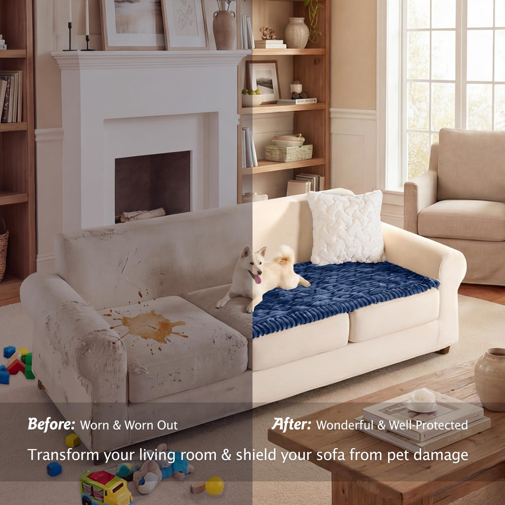 100% Waterproof Fuzzy Couch Cover for Dogs Navy Blue 27.6"x70.9"