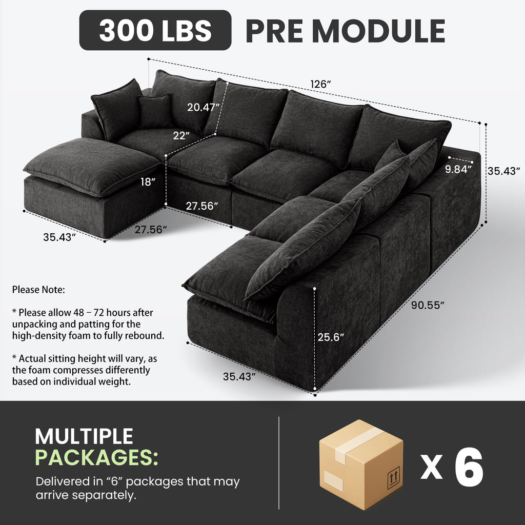 126" Oversized Cloud U-Shape Modular Couch, No Assembly, Black