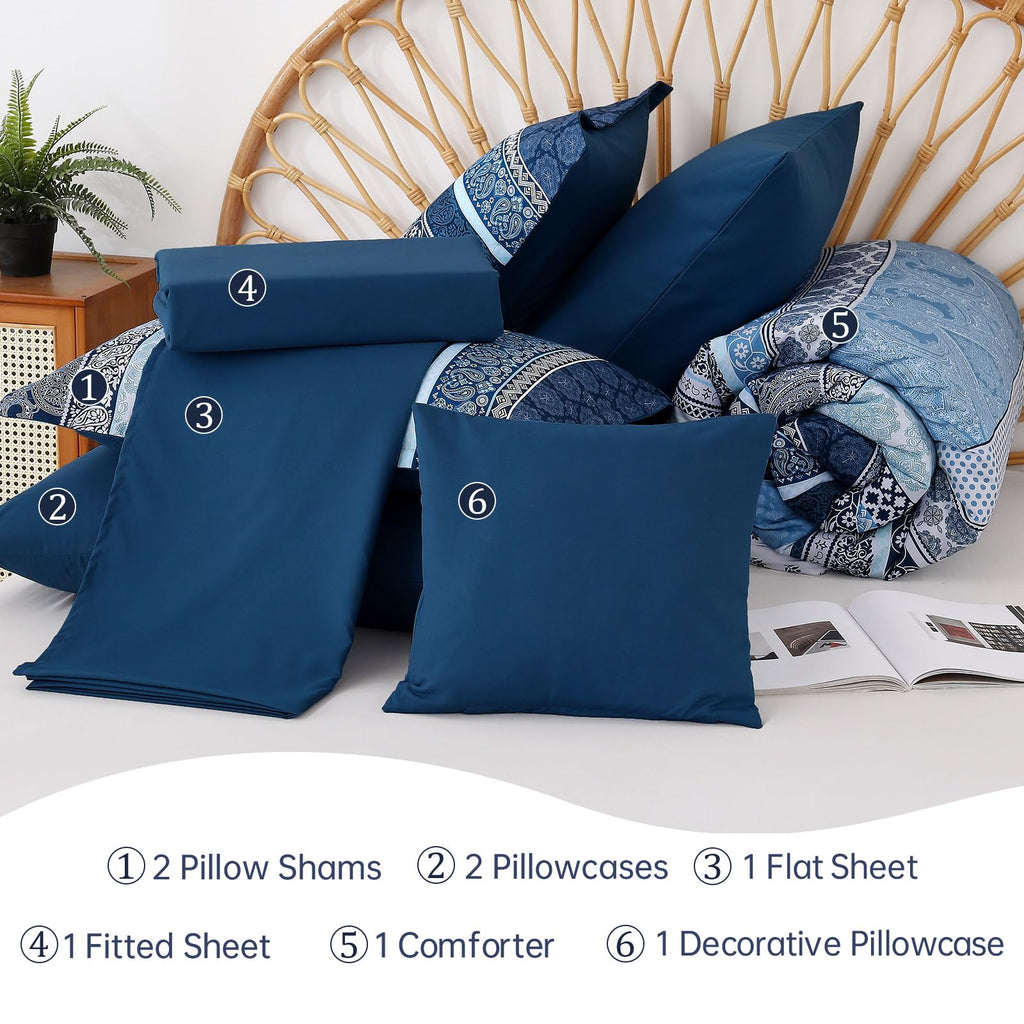 Boho Comforter Set, Navy Blue Striped Bed in a Bag