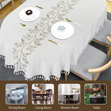 Solid Embroidery Oval Tablecloth with Tassels for Oval Table, 52 x 70 Inch Lace Dust-Proof Table Cov