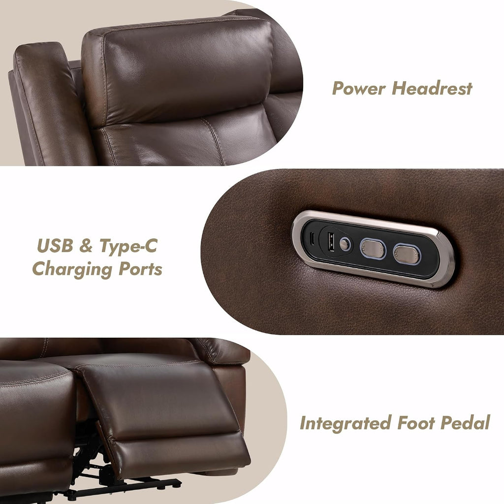Genuine Leather Power Loveseat Recliner Sofa, 2 Seat Wall Hugger Reclining Sofa with Power Headrest & Charging Ports