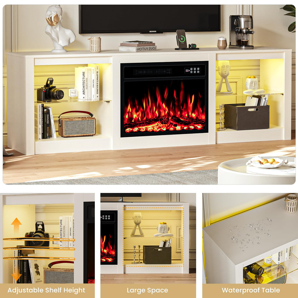 70 Inch Fireplace TV Stand for TVs up to 80 Inch with 23" Electric Fireplace, Modern Entertainment Center with Glass