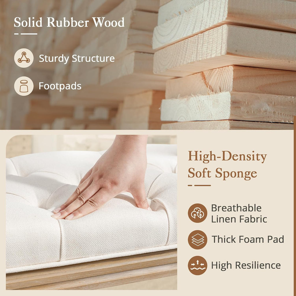 60" Fabric End of Bed Bench, Upholstered Tufted French Bedroom Bench with Carved Legs End of King Size Bed, Living