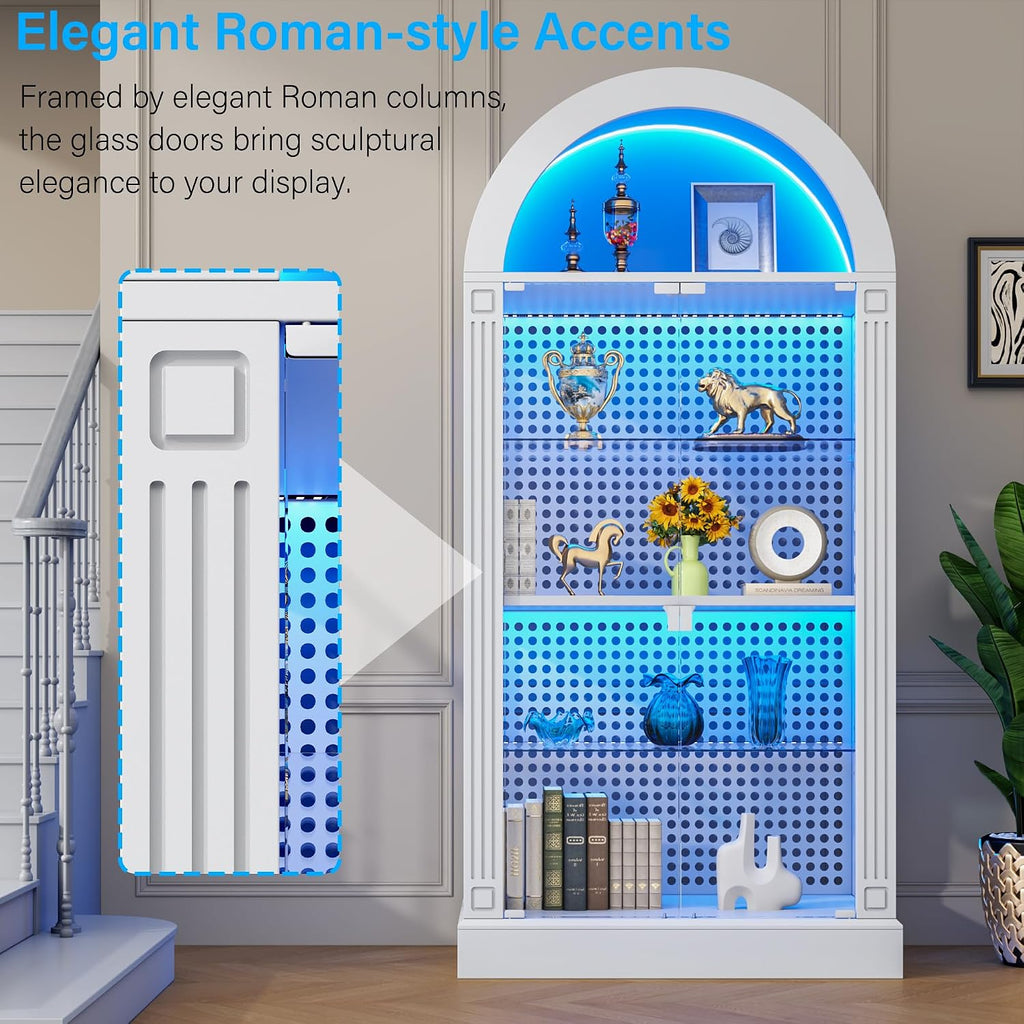 71" Arched Display Cabinet with Glass Doors and LED, 5-Tier Curio Cabinet with Roman Line Design and Pegboard, Glass