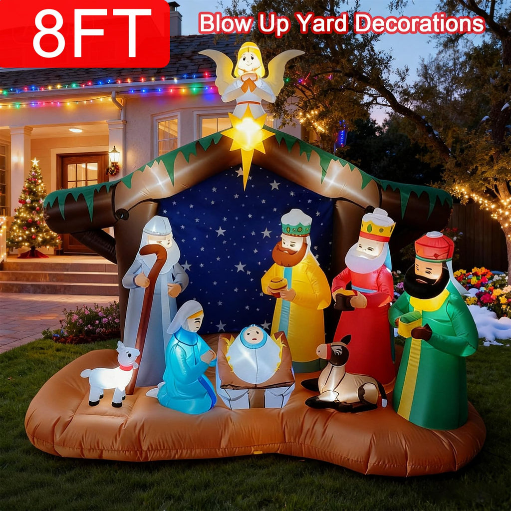 8FT Christmas Inflatables Nativity Scene Outdoor Decorations, Blow Up Yard Decor with Built-in LED Lights, Xmas