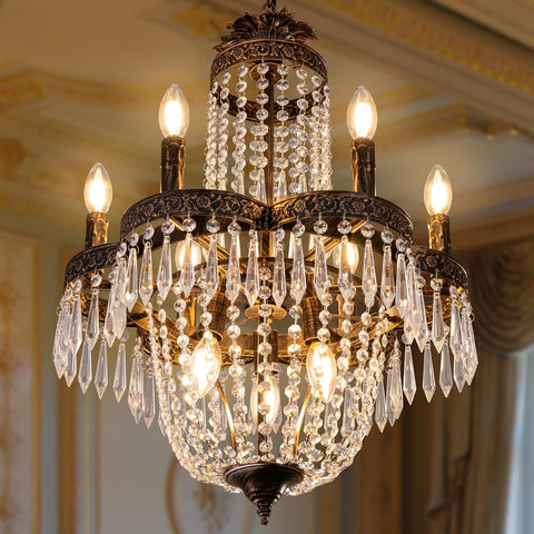 Crystal Chandelier,9 Lights French Empire Crystal Chandelier,Rustic Farmhouse Pendant Chandeliers Lighting,Adjustable Antique Bronze Ceiling Light Fixture for Dining Living Room Bedroom Foyer A108-B0CF9RSWJW