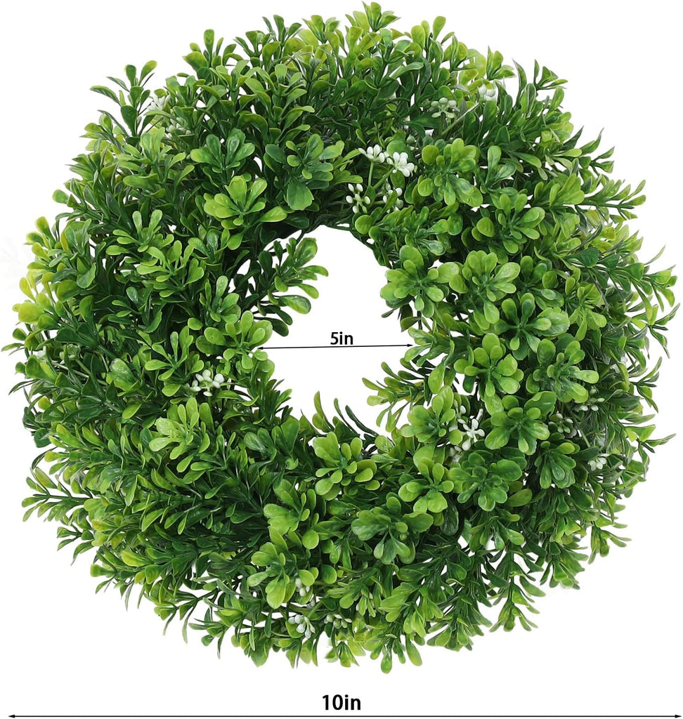 Small Boxwood Wreath for Front Door,10" Boxwood Candle Wreath,Greenery Wreaths for Cabinet Wall Window Door - Set of 2