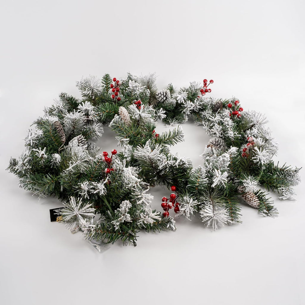 Pre-Lit Artificial Christmas Garland with 50 Lights, Plug in Garland Decorated with Pine Cones and Red Berries