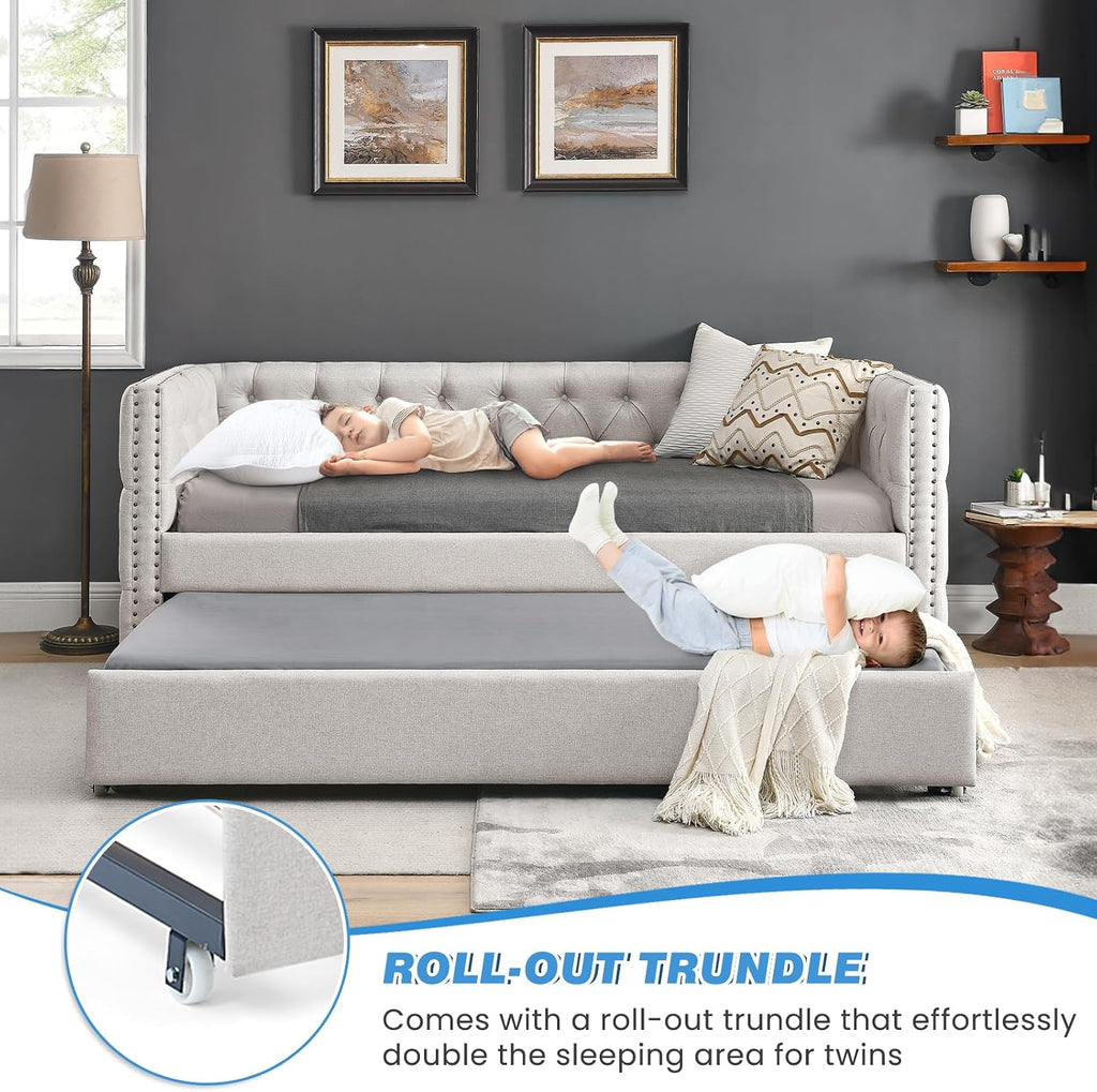 Daybed with Trundle, Modern Upholstered Full Size Button-Tufted Sofa Bed Frame with A Roll-Out Trundle, No Box Spring