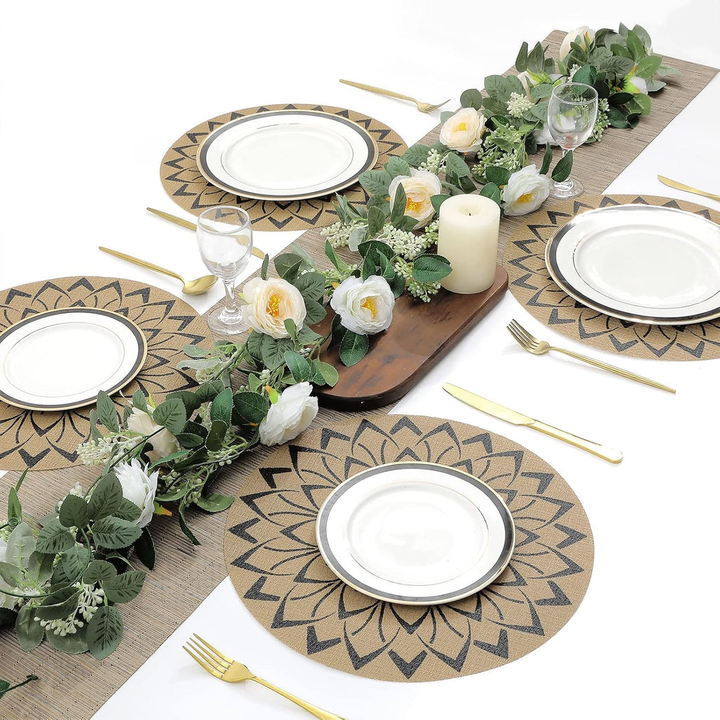 15 inch Round Vinly Placemats Boho Flower Print Place Mats Wipeable Non Slip Stain Heat Resistant Woven - Set of 6