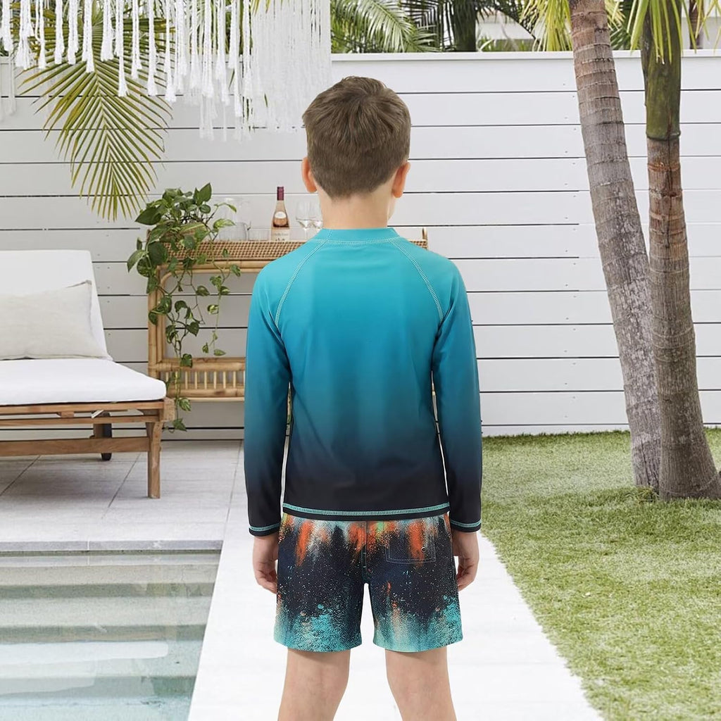 Boys Rash Guard Swimsuits Set for Boys 2 Piece Long Sleeve Swim Shirts Quick Dry Bathing Suits with Trunks