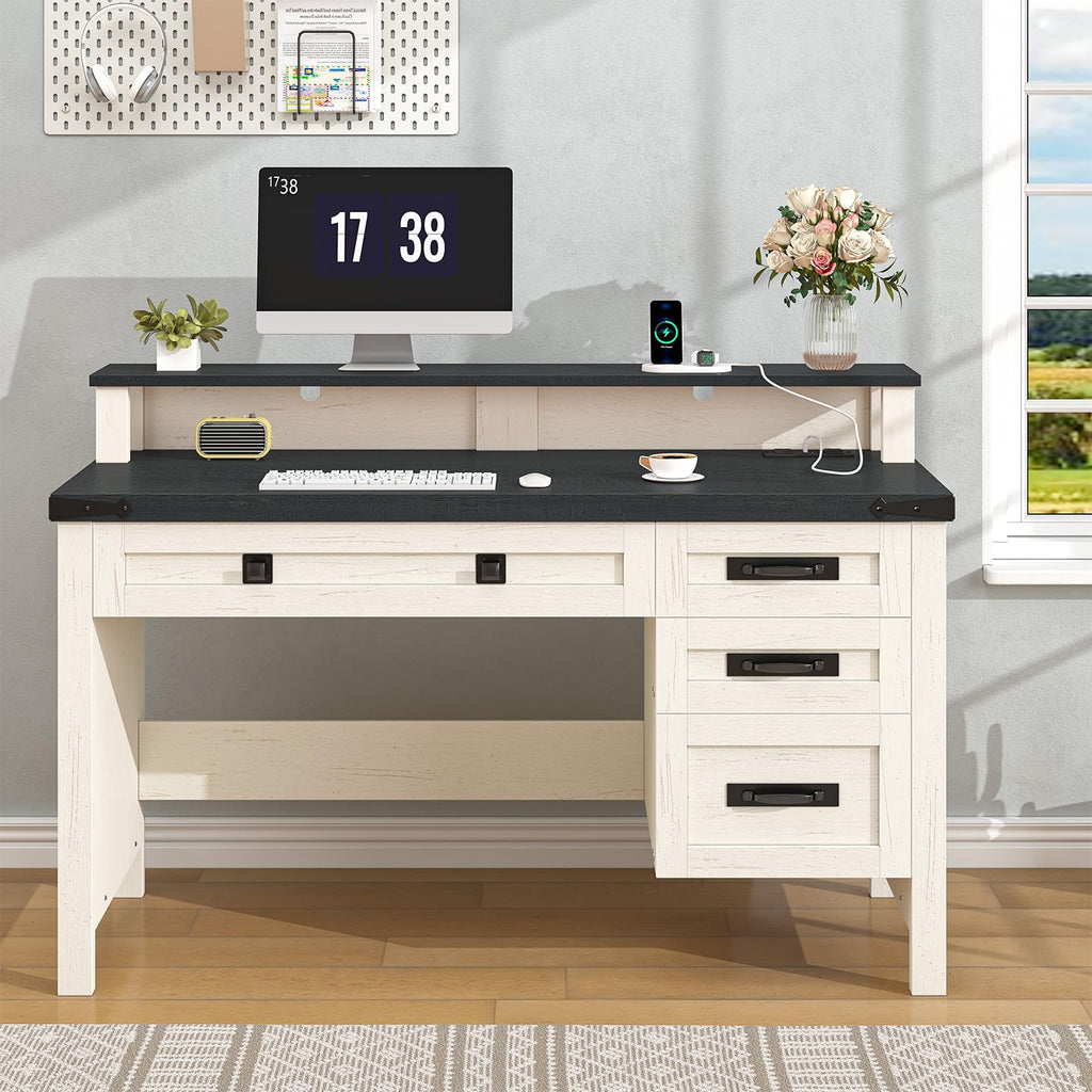 47" Farmhouse Computer Desk with Drawers & Outlets