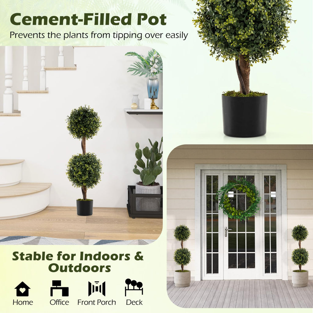 3 FT Artificial Boxwood Topiary Trees, Set of 2 Faux Outdoor Topiary Ball Tree with Cement-Filled Pot, Fake Greenery