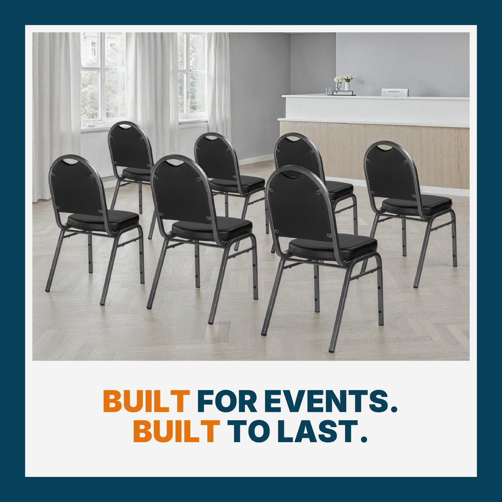2 Commercial-Grade Dome Back Banquet Stack Chair (Black Vinyl, Silver Powder-Coated Frame, 2-Pack)