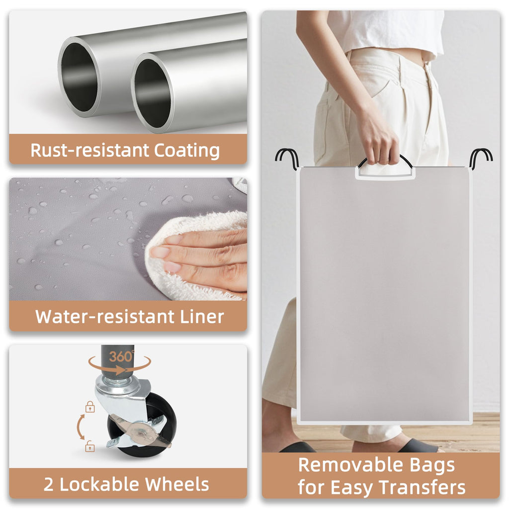 3 Section Laundry Sorter, Laundry Hamper with Wheels, Gray