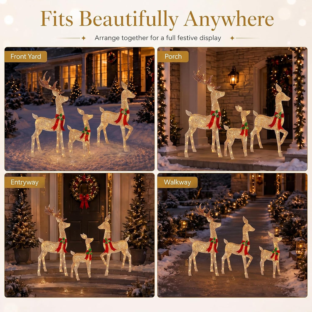 52 ‌"3-Piece 3D Lighted Christmas Deer Family Outdoor Decorations, Large Gold Reindeer Set with 146 Warm White