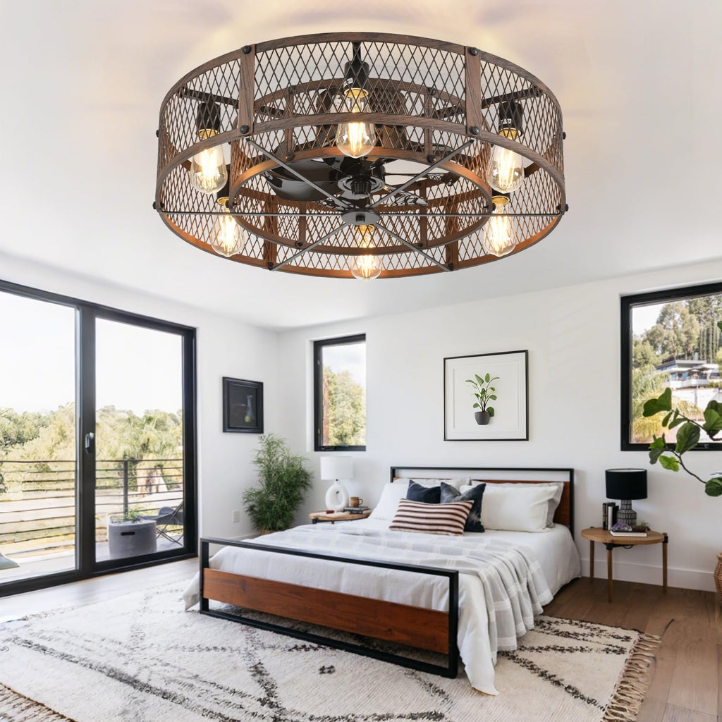 Flush Mount Ceiling Fan: 26" Caged Ceiling Fans with Lights and Remote Control Bedroom Farmhouse - Rustic Low Profile
