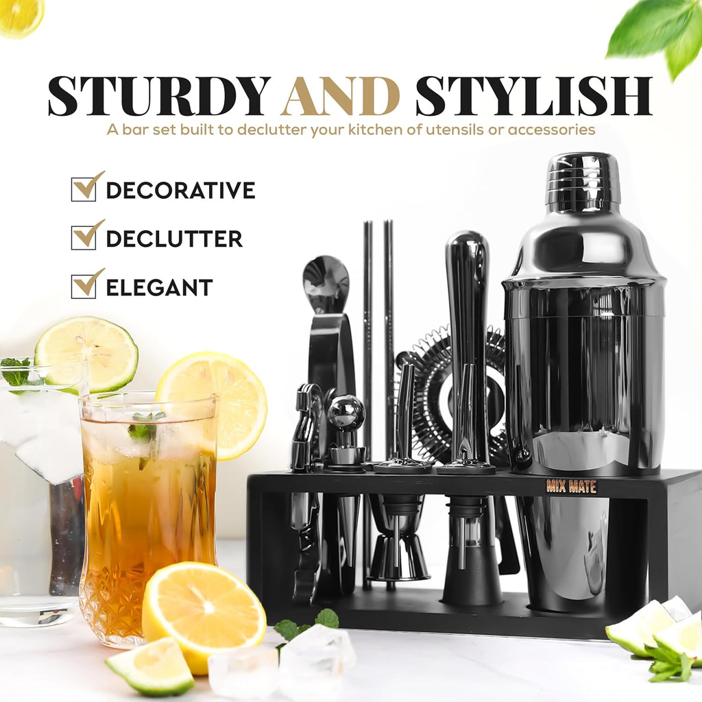 Black Stainless Steel Cocktail Shaker Set with Wood Stand - Bartender Kit with Drink Shaker, Bar Spoon - Set of 15