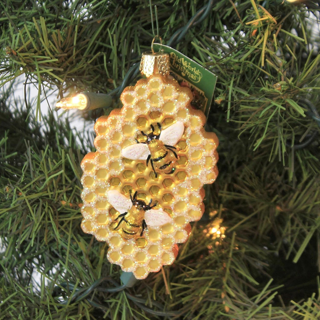 Honeycomb Glass Blown Ornament, Handcrafted Holiday Decoration, Bee Collection