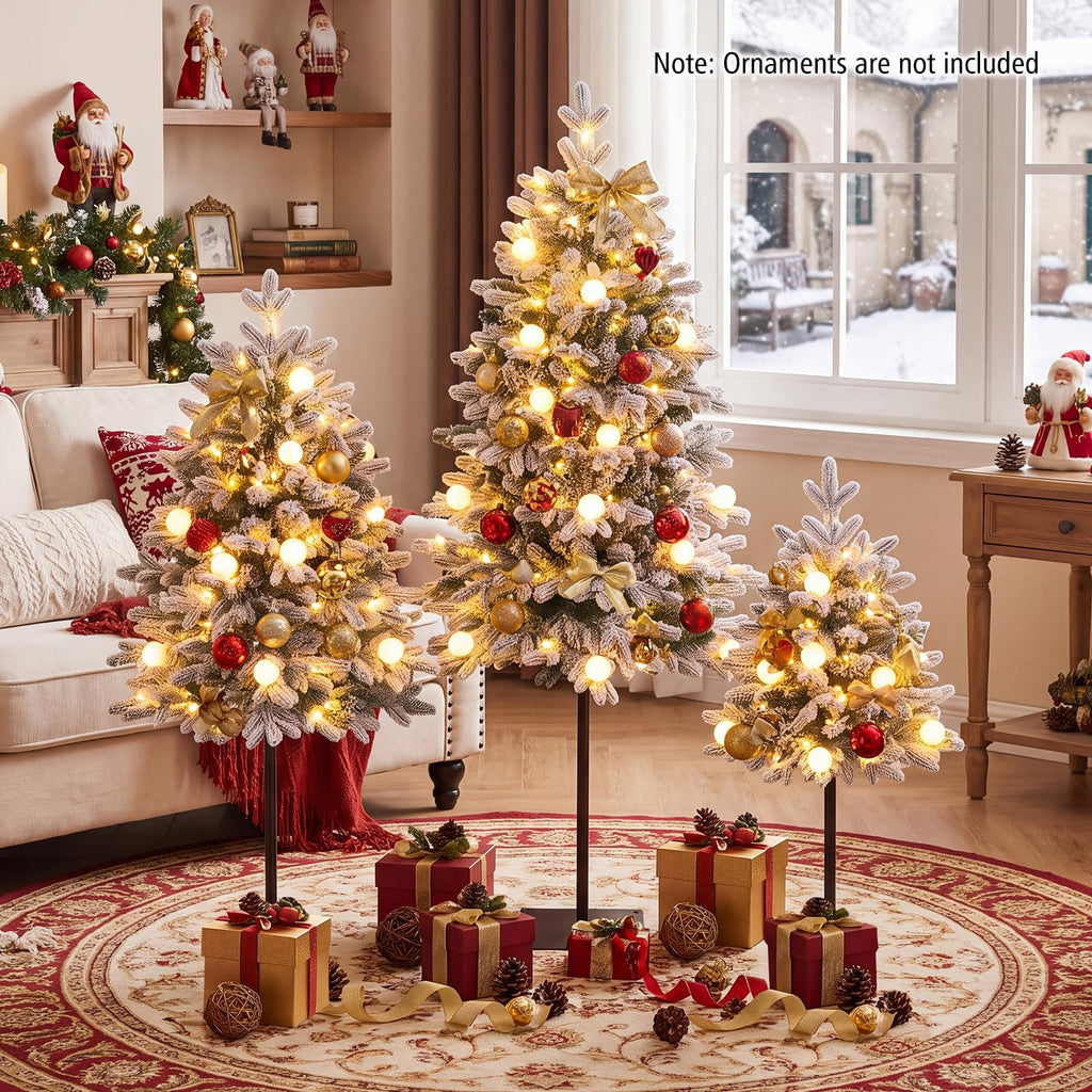 3' 4' 5' Pre-Lit Flocked Christmas Tree Set of 3, Battery Operated