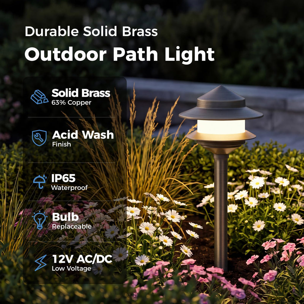 Pagoda Solid Brass Low Voltage Landscape Pathway Lights, 12V LED Heavy Duty Path Lighting Outdoor Wired, Waterproof