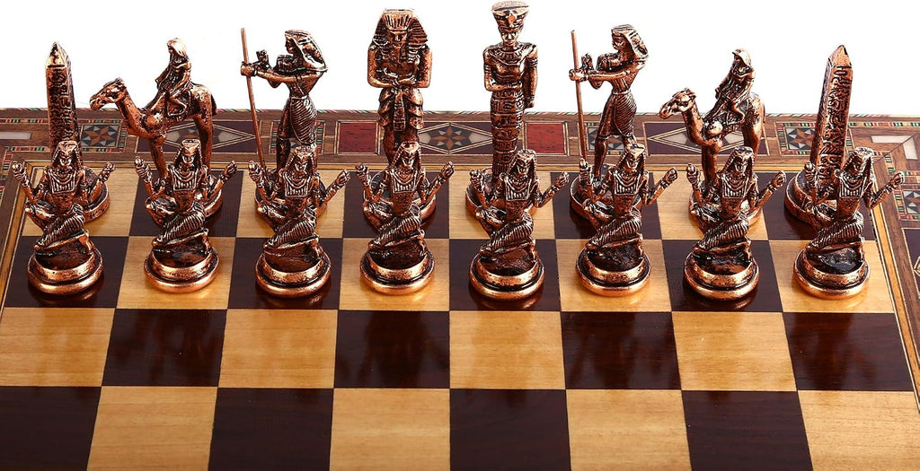 Egypt Pharaoh Antique Copper Figures Metal Chess Set for Adults Handmade Pieces and Natural Solid Wooden Chess Board