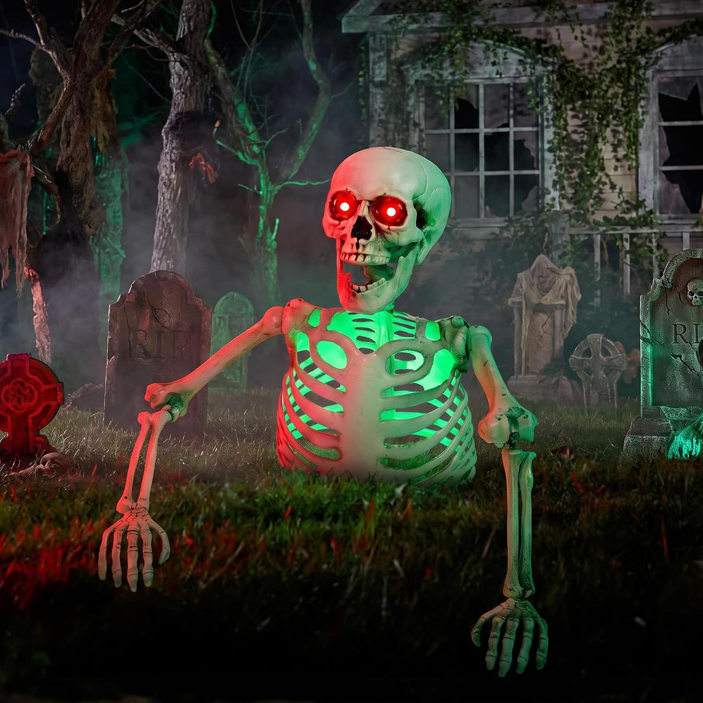 Halloween Half Skeleton Decoration with Red Glowing Eyes & Green Light-Up Body, Posable Arms, Scary Outdoor Yard