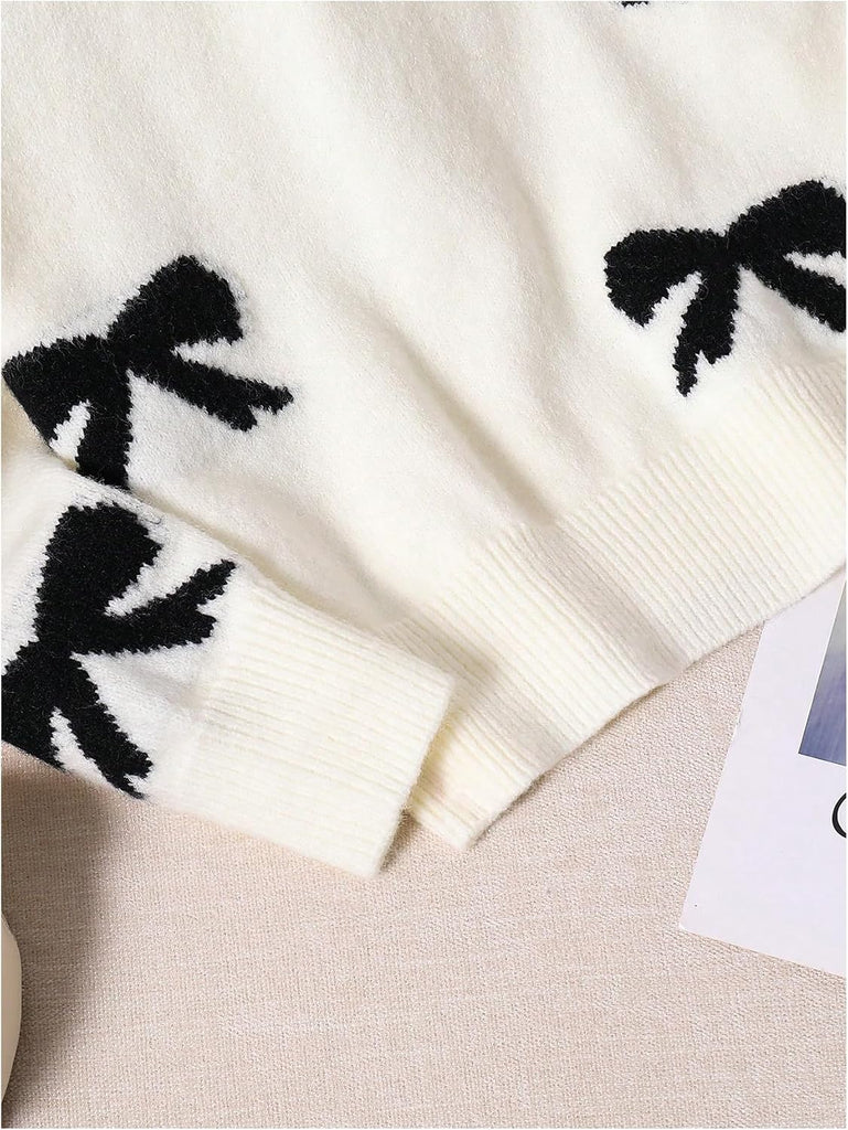 Girl's Bow Graphic Sweaters Long Sleeve Knit Tops Knitwear