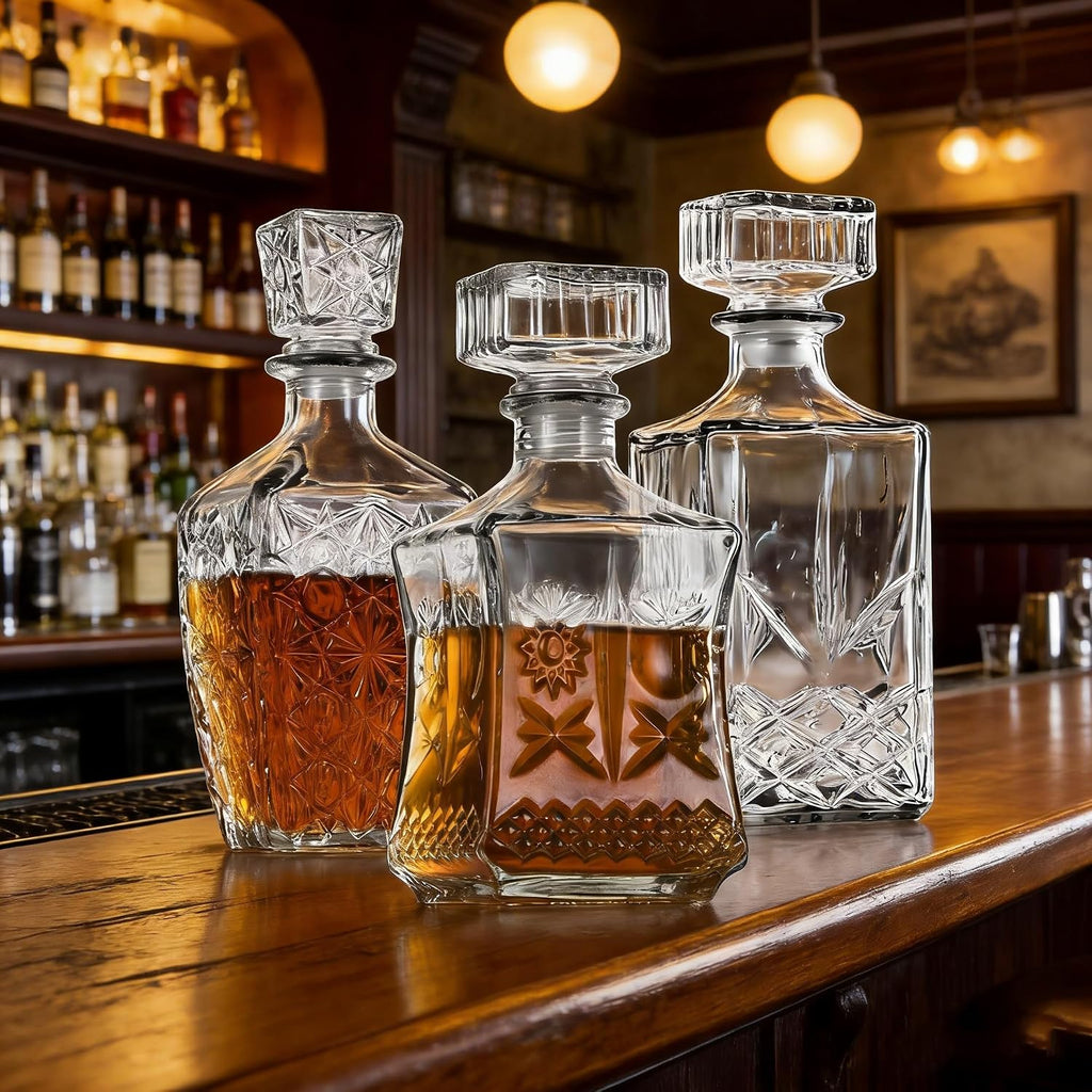 Whiskey Decanter, Glass Alcohol Bottle Gift for Men, Dad - Set of 3