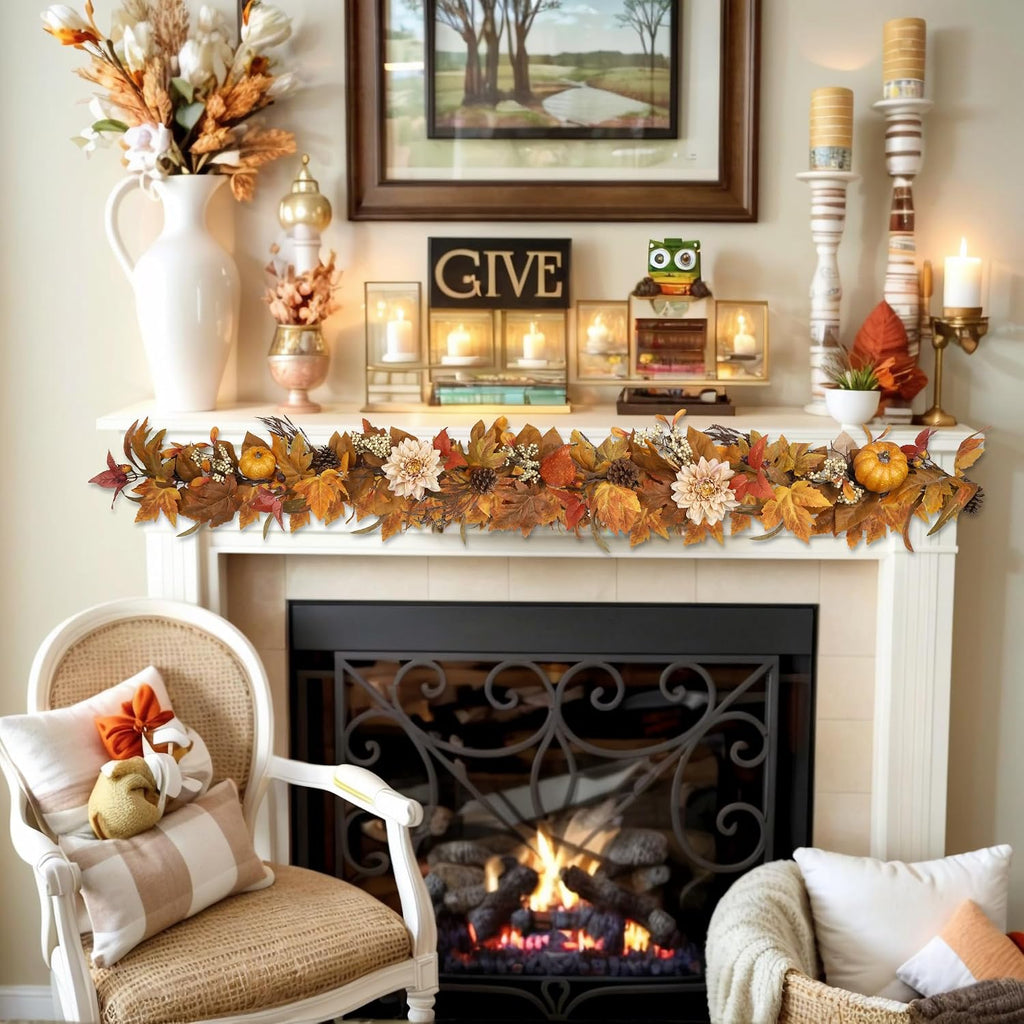 Fall Garland 6Ft Lifelike Autumn Maples Leaf Pumpkin Garland with Berries Pine Cones, Fall Decorations Thanksgiving - Set of 6
