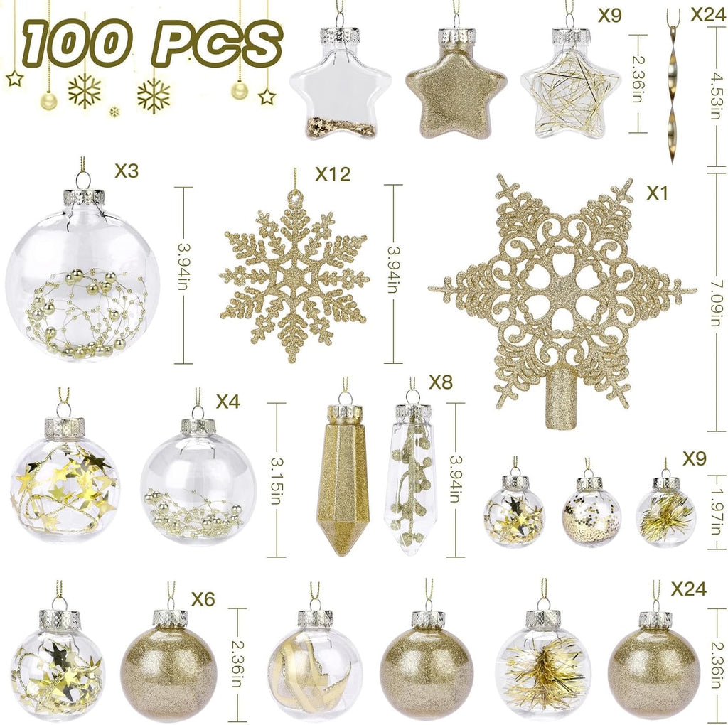 100PCS Christmas Tree Ornaments Clear Set, Gold