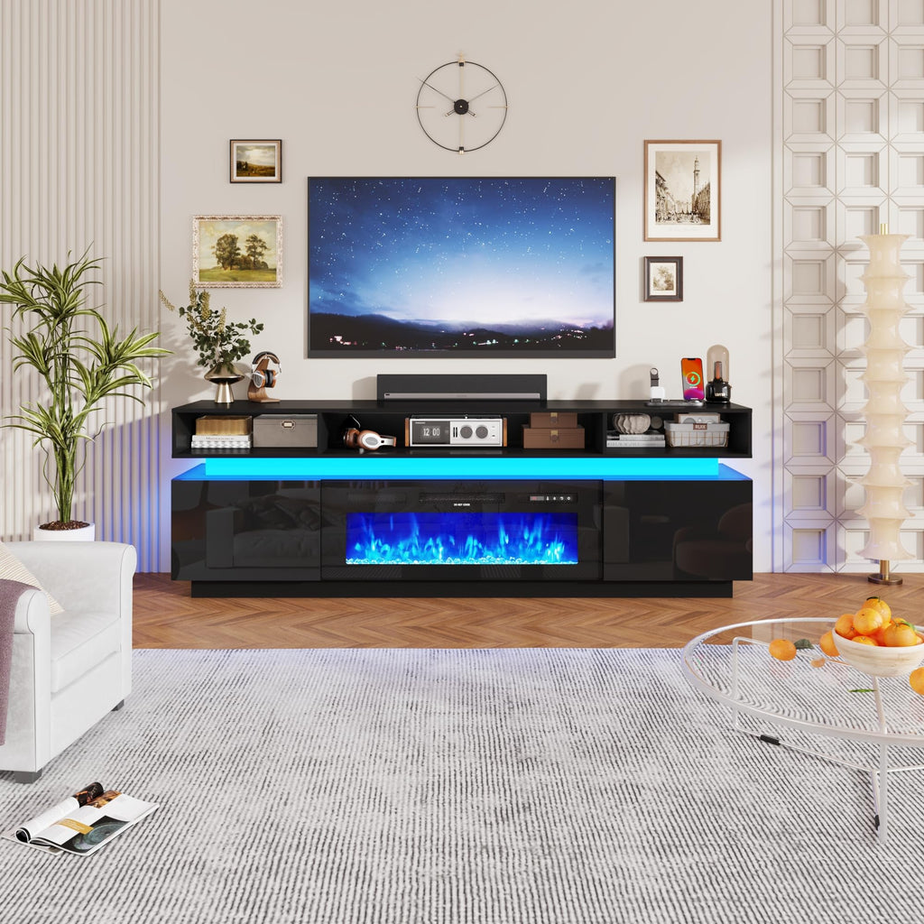 Fireplace TV Stand for 95" TV, 83" LED Entertainment Center with 40" Fireplace & Power Outlets, High Gloss TV Stand