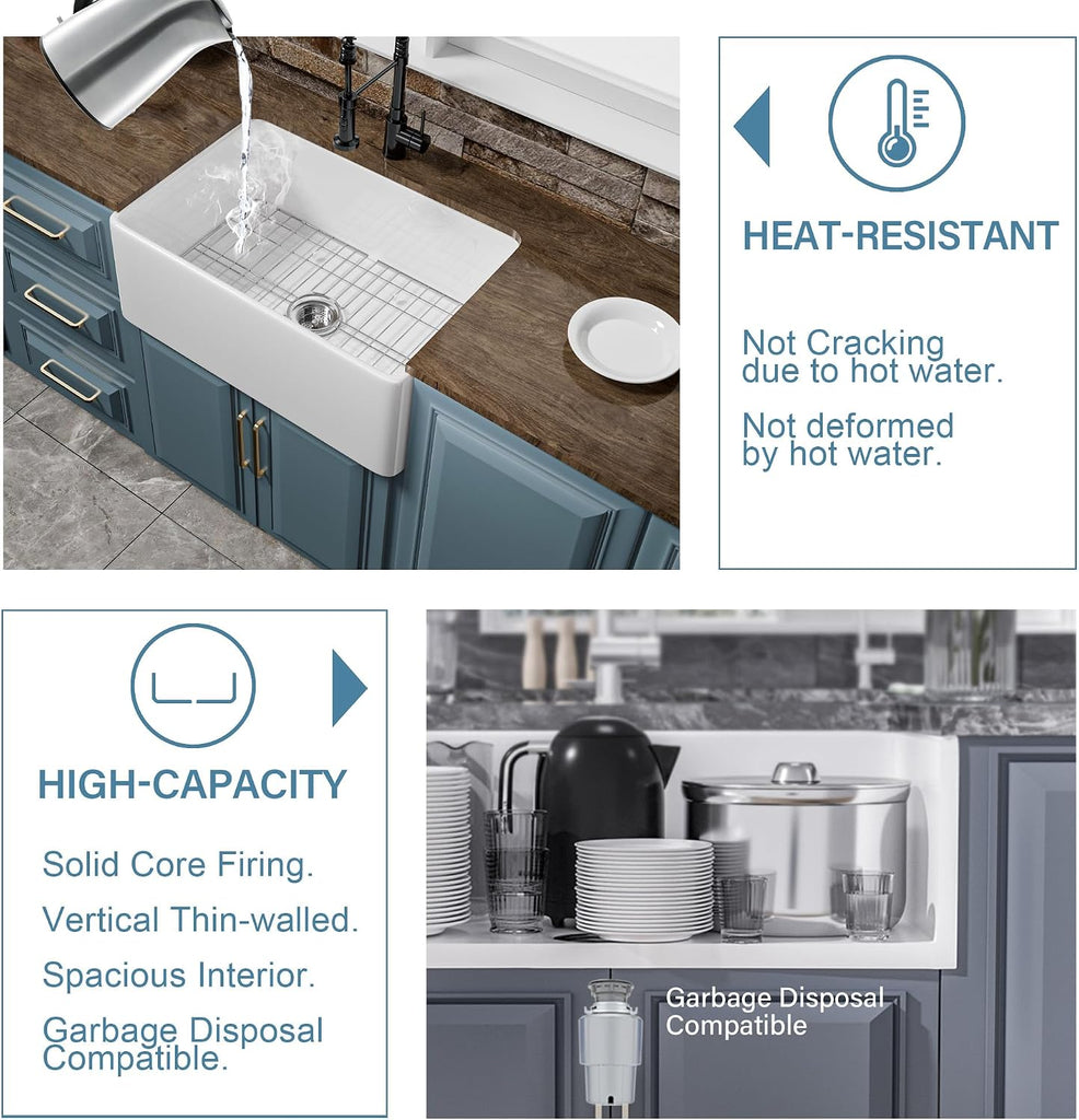 27" x 18" Fireclay Apron Front Farmhouse Sink White | Small single bowl farm style or laundry, Easy to clean
