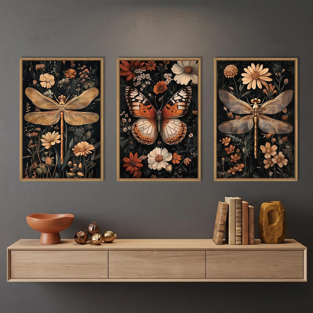 Vintage Butterfly Dragonfly Framed Canvas Wall Art Set, Moody Dark Academia Animal Floral Botanical Wall Decor, Retro