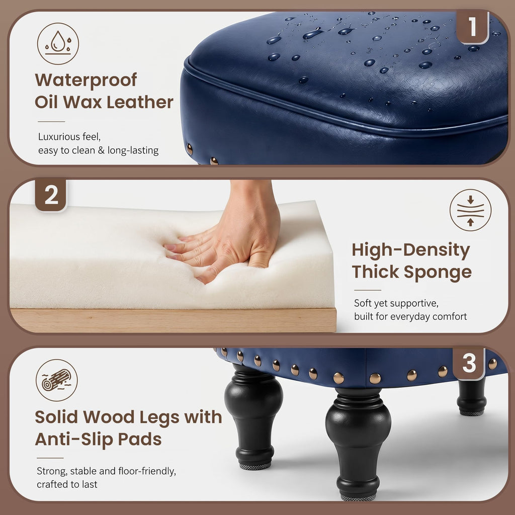 Ottoman Leather Footrest, Vintage Footstool, Thickened Foam Upholstered Seat, Wooden Leg Foot Rest, Under Desk Shoe Bench