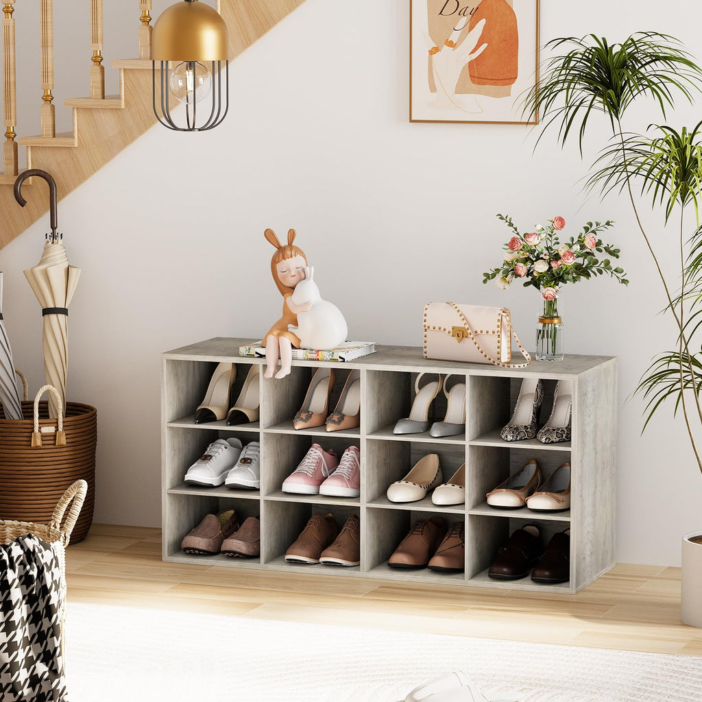Shoe Storage Bench, Cubby Shoe Rack with 12 Cubbies, 3-Tier Wood Shoe Rack Organizer, Shoe Organizer Cabinet, Closet