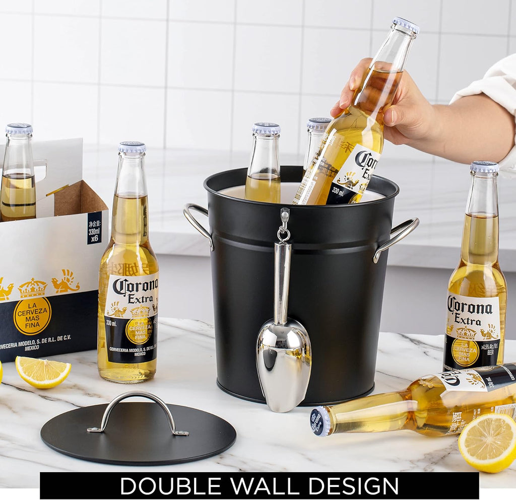 Ice Bucket with Scoop - Stainless Steel Bucket with Handle, Lid and Ice Scooper - 4 Qt. Storage Bin for Ice Cubes
