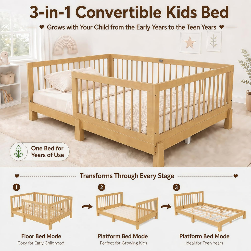 Montessori Floor Bed with Guardrails for Kids, Natural
