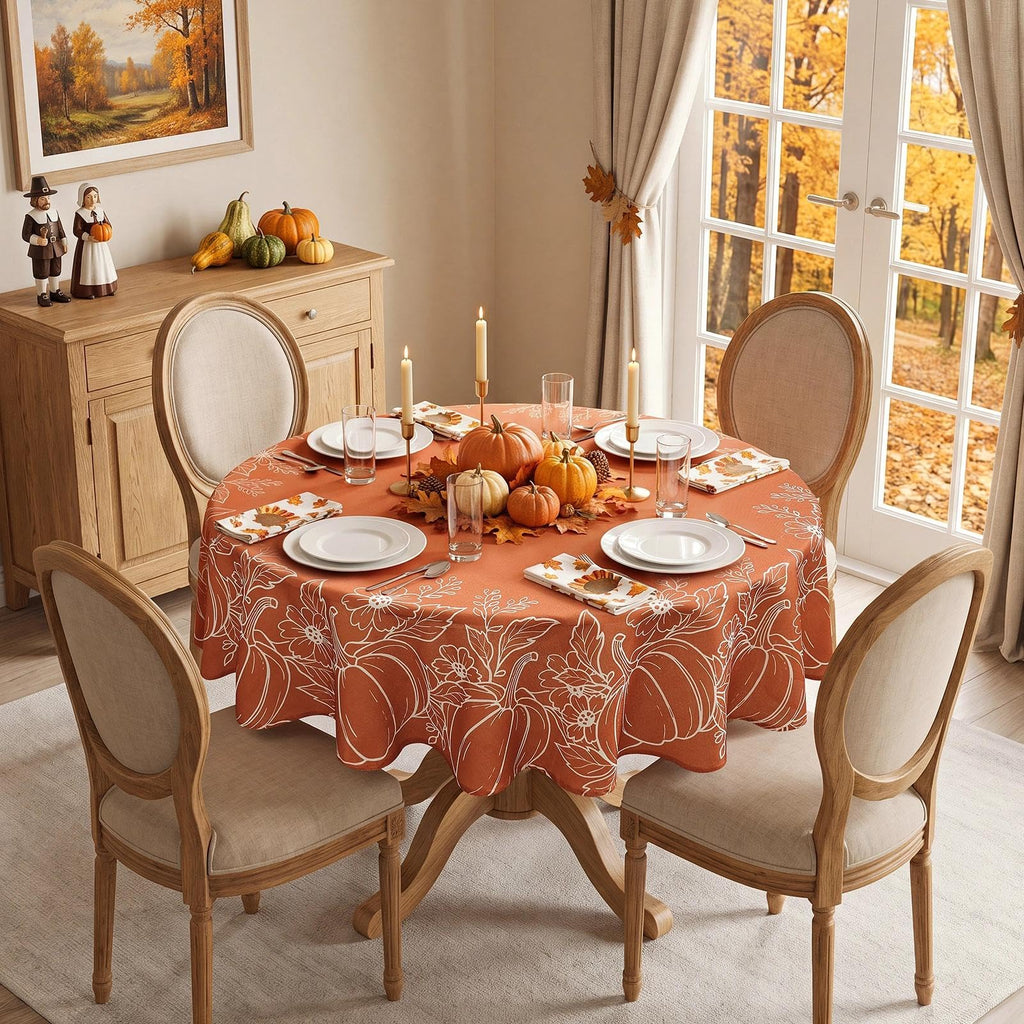 Faux Linen Round Fall Tablecloth 70 Inch, Autumn Table Cloth with Pumpkin & Maple Leaves, Orange Circle Table Cover