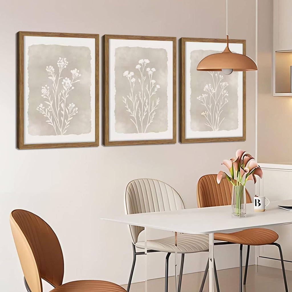 Framed Boho Botanical Flower Wall Art Set of 3, Vintage Minimalist Neutral Floral Wall Decor Paintings, Rustic