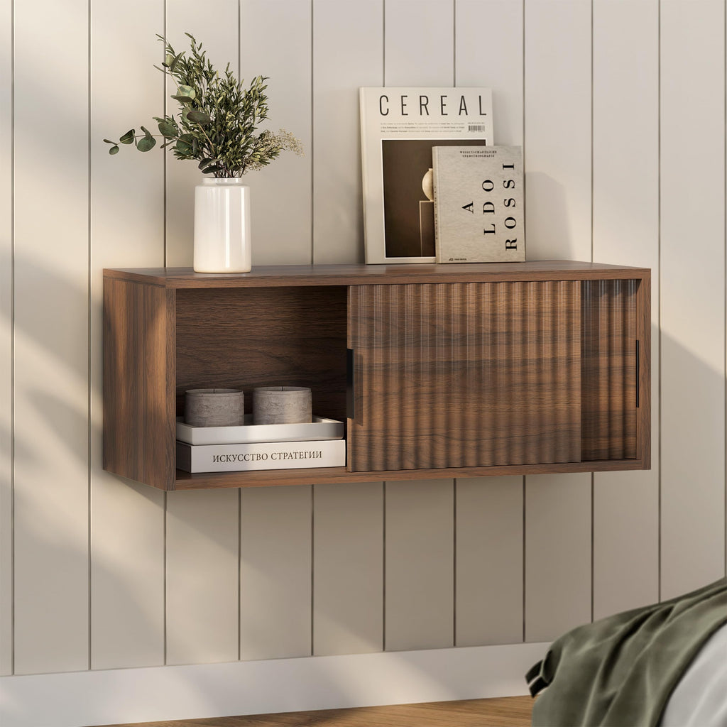 Large Floating TV Stands Set of 2, Modern Fluted Nightstands Wall Mounted Bedside Table Storage Cabinet with Sliding