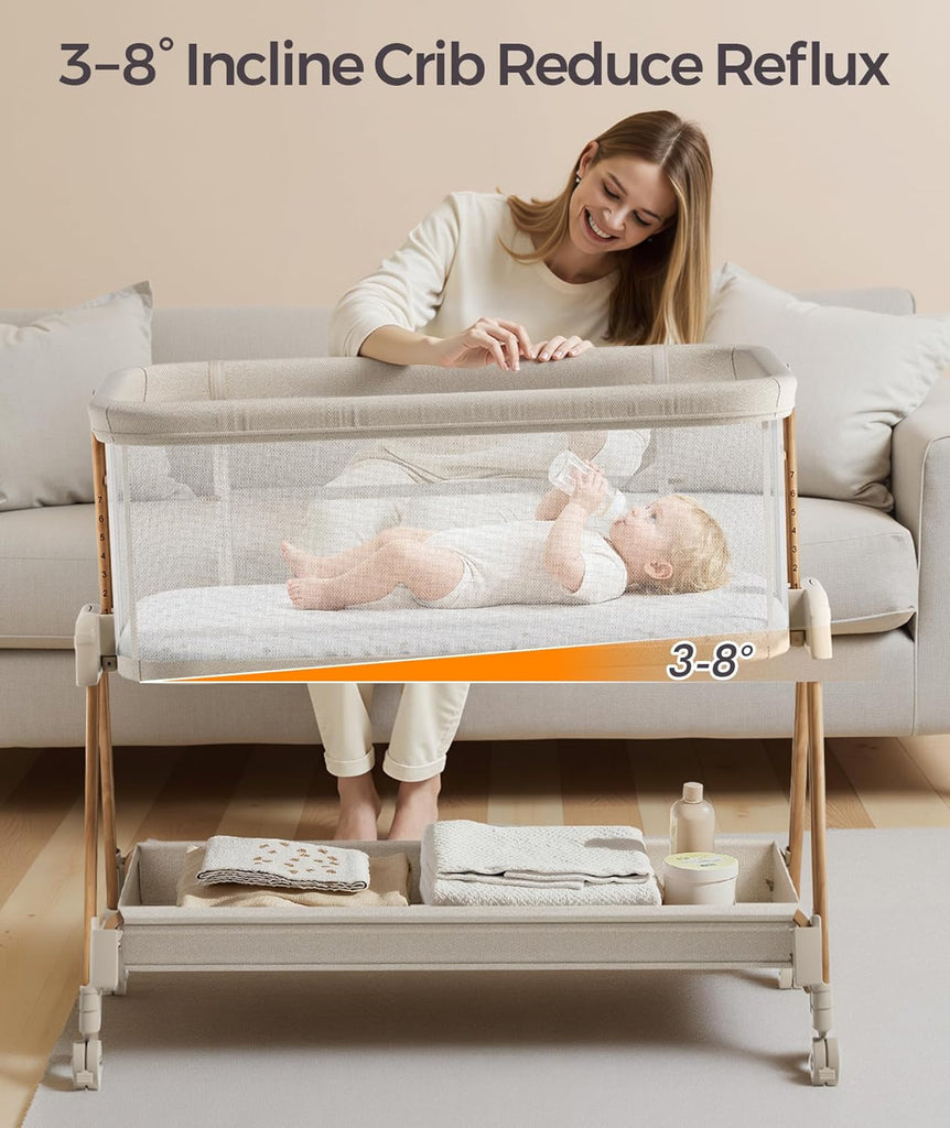 Baby Bassinets Bedside Sleeper - 3-in-1 Baby Bassinet with Wheels, Soft Mattress, Storage Tray, Full-Mesh Sides