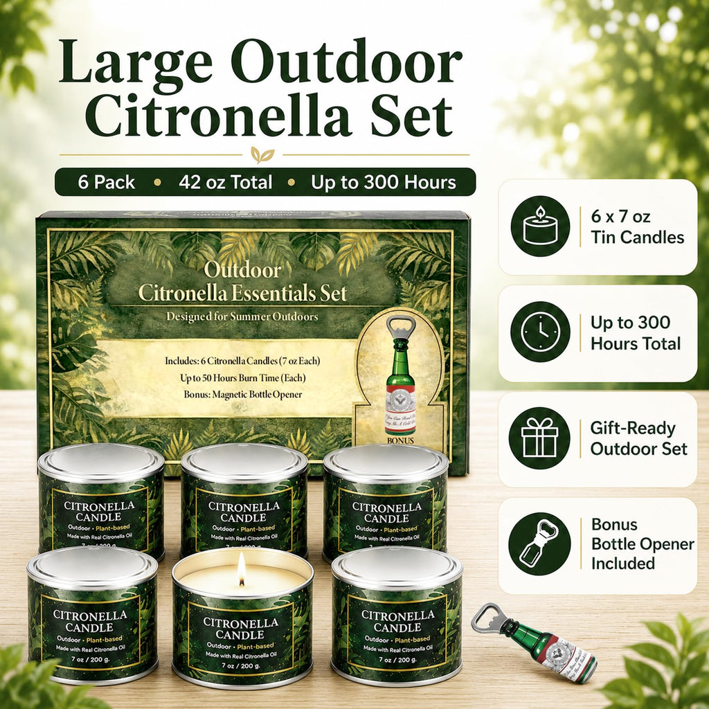 Citronella Candles Outdoor, 6 Pack 42 oz Soy Wax Tin Candles with 7% Citronella Oil, Bonus Magnetic Bottle Opener, Up