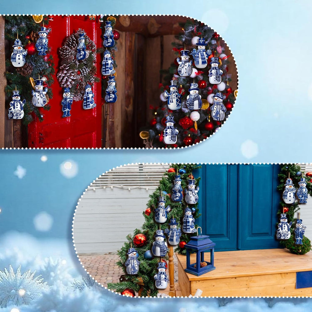 Blue and White Christmas Porcelain Snowman Ornaments for Tree Blue and White Porcelain Christmas Decoration - Set of 36