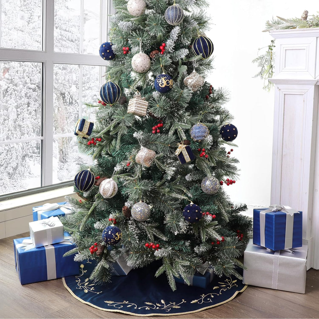 Christmas Tree Skirt, 36 inches Large Velvet Fur Plush Blue Tree Skirt, Xmas Tree Skirts with Gold Embroidered Holly