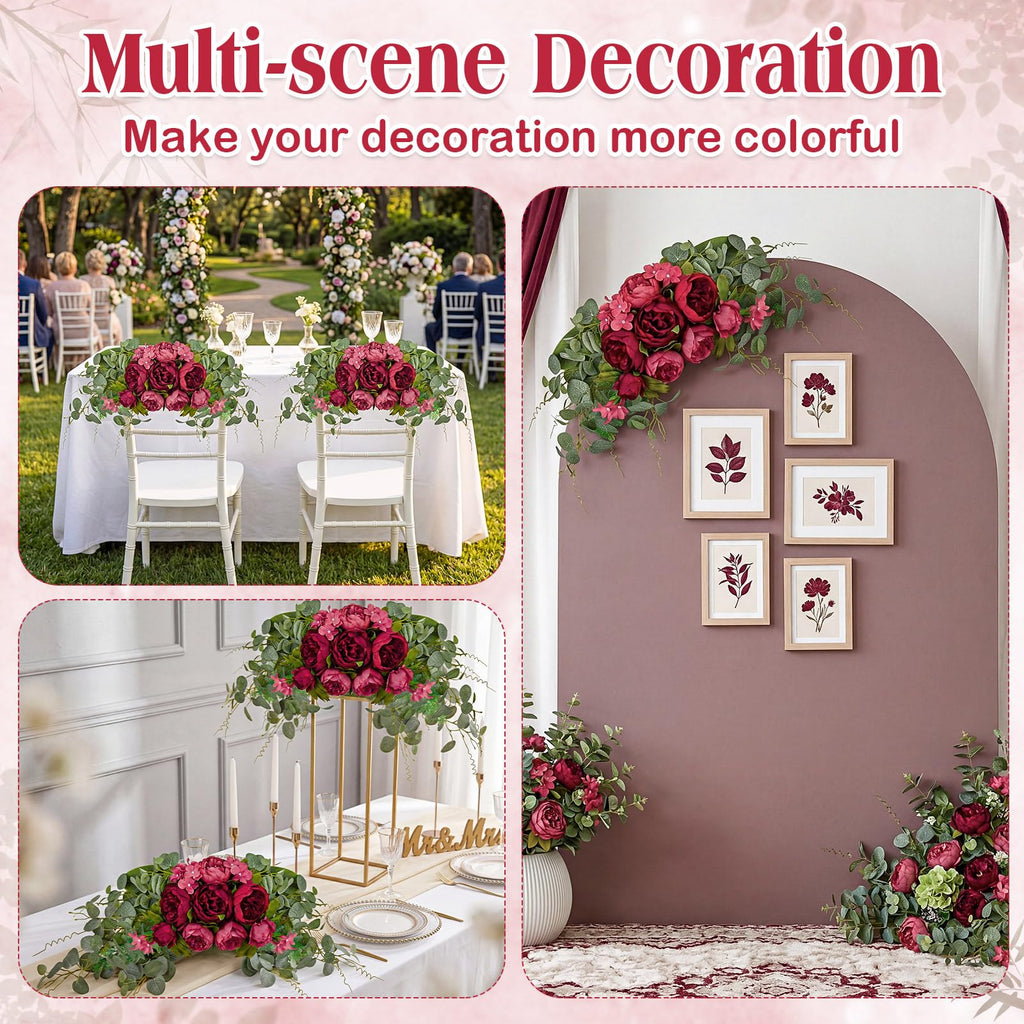 2 Pcs Artificial Peony Eucalyptus Floral Swag for Arch, Red