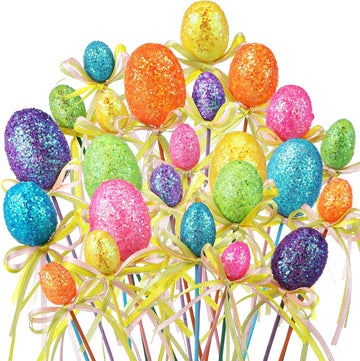 Easter Egg Picks Glitter Foam Easter Cupcake Picks Spring Colorful Floral Egg Stems for Tree Topper Decor - Set of 24