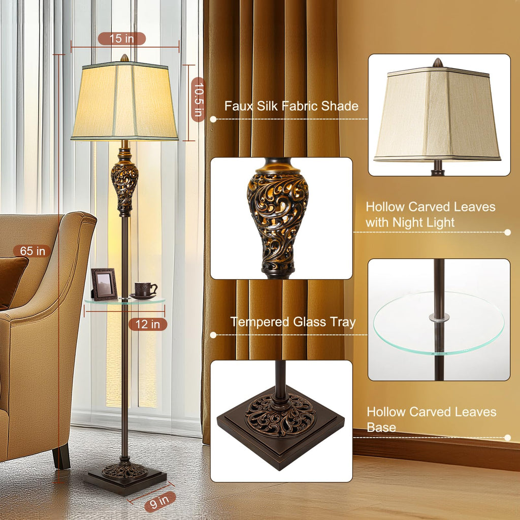 Rustic Floor Lamp with Nightlight and Glass Tray