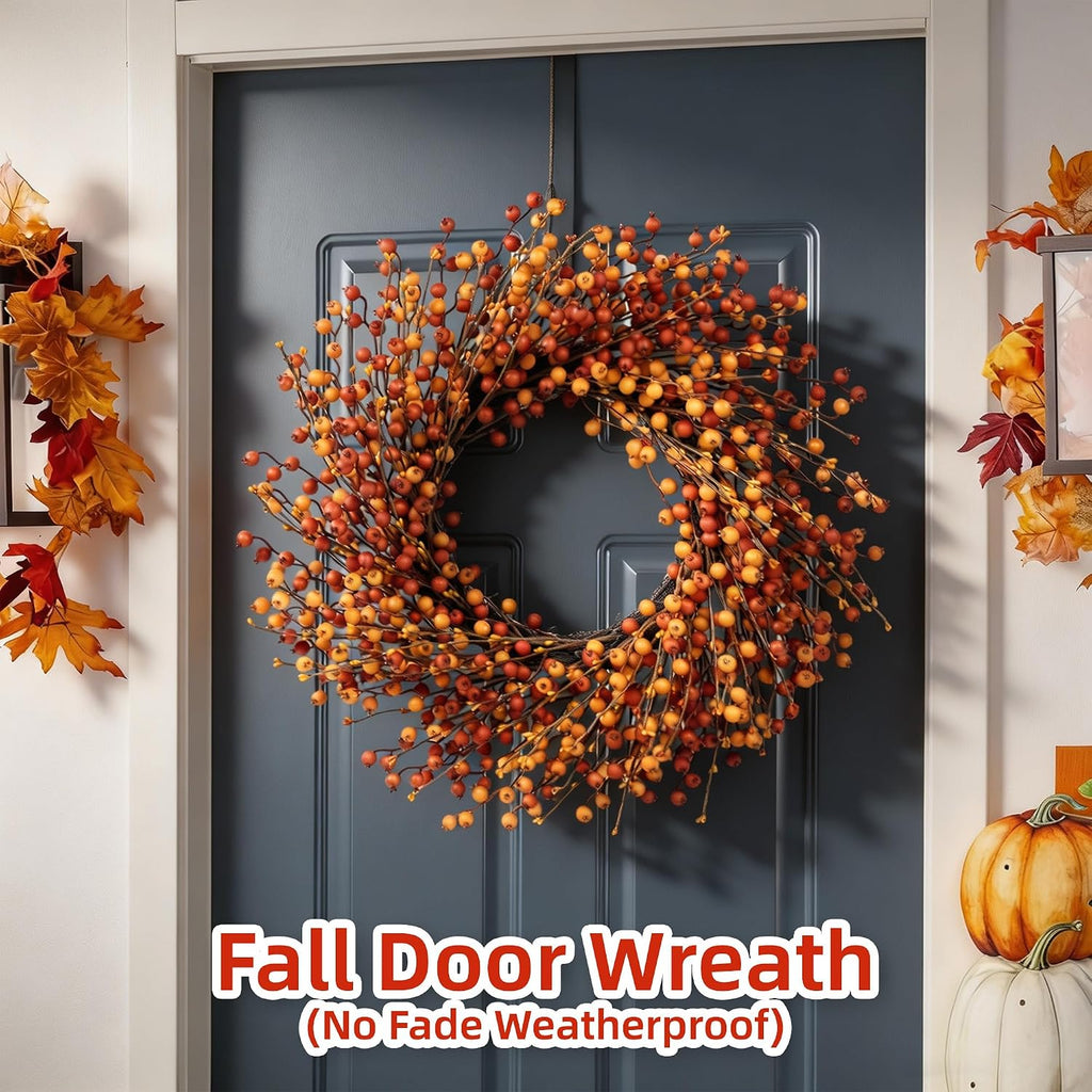 24" Berry Fall Wreath for Front Door, Orange/Yellow Autumn Harvest Wreath